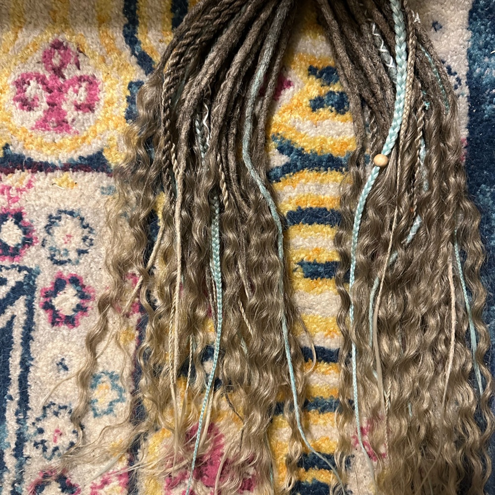Braid in dreadlock extensions, teal and blonde